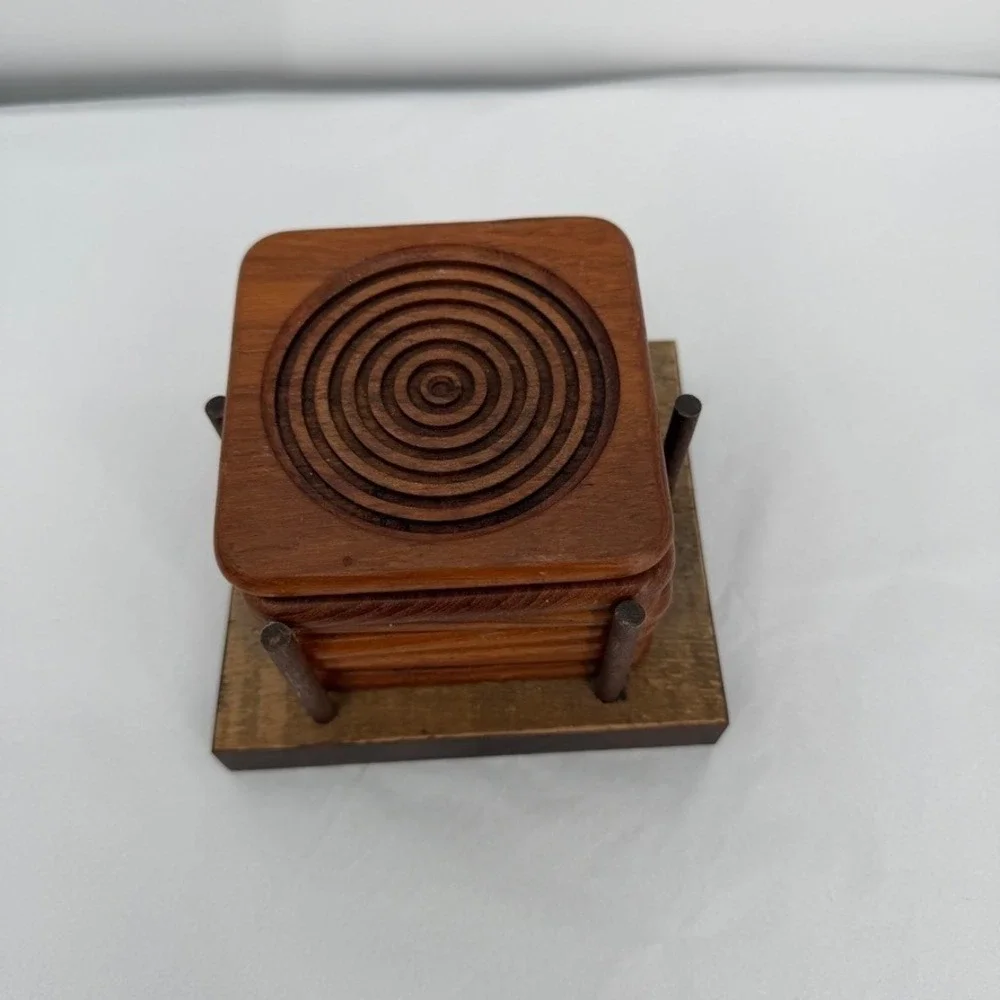 Wood Coaster Set of 7 w/ Holder Concentric Circles MCM Barware Rustic Lodge Core